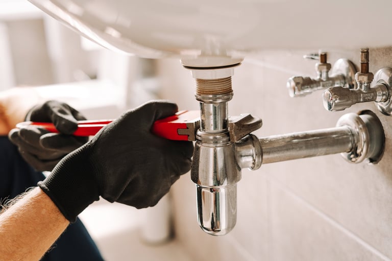 Professional plumber fixing sink pipe with wrench