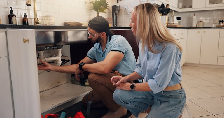 Homeowner and plumber discussing pipe inspection