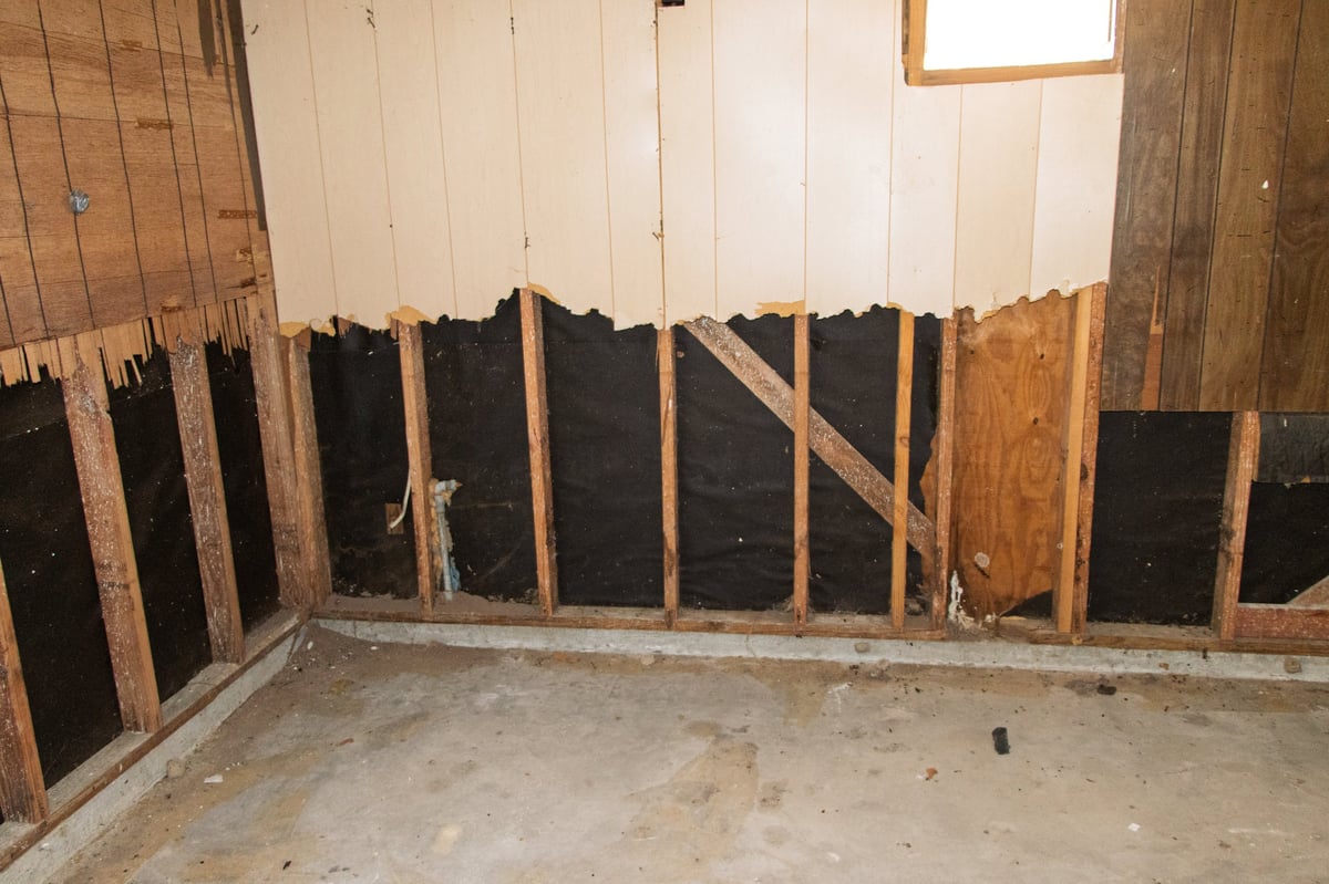 Interior of a home with water damage to walls revealing insulation and framing