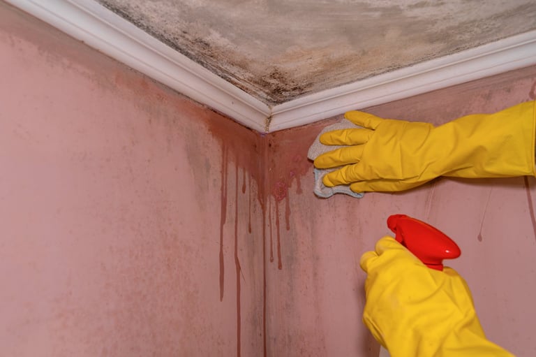 Wiping black mold from a wall corner using cloth and spray cleaner with rubber gloves