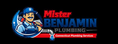Mister Benjamin Plumbing logo featuring a smiling plumber in blue uniform and cap holding a wrench, with Connecticut Plumbing Services tagline